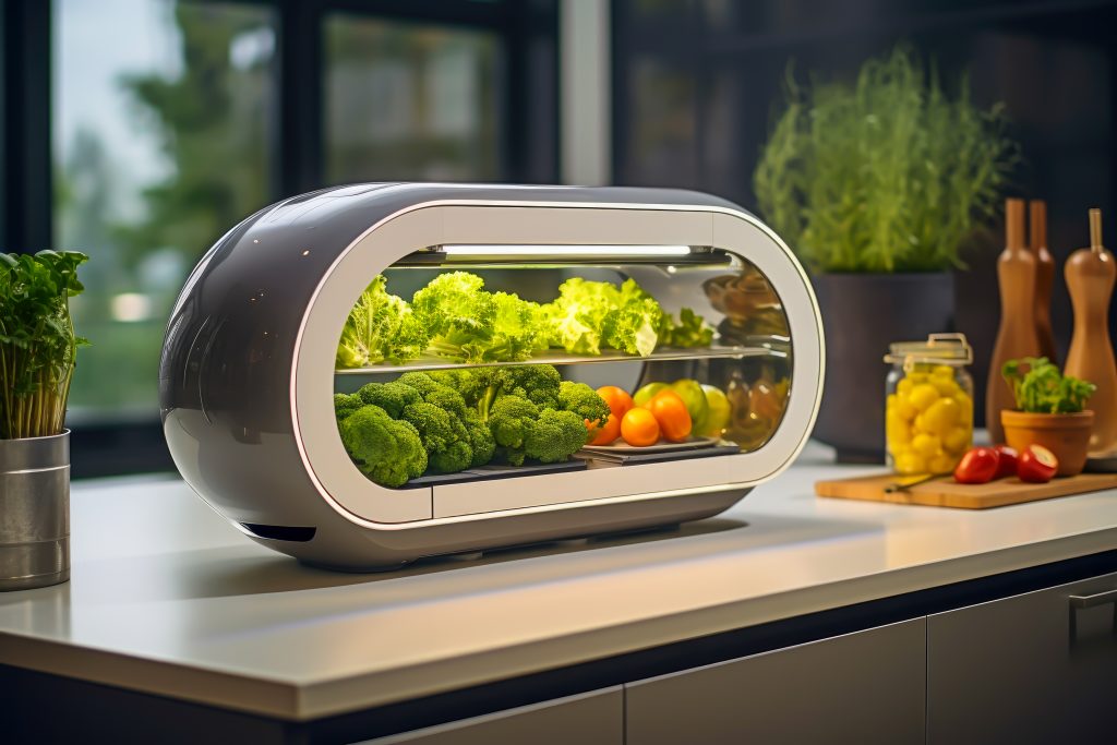 Un moderno huerto de interior con iluminación LED, mostrando verduras frescas como lechugas y brócoli, situado en una cocina elegante.