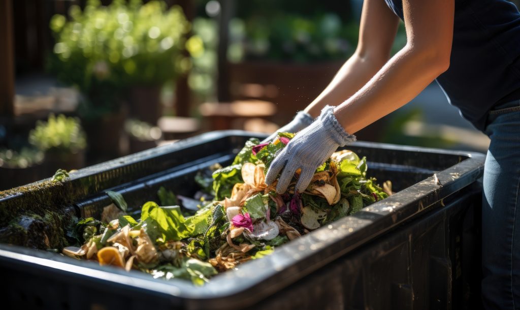 Persona usando guantes de jardinería coloca restos de vegetales y otros desechos orgánicos en una compostera en un entorno de jardín.