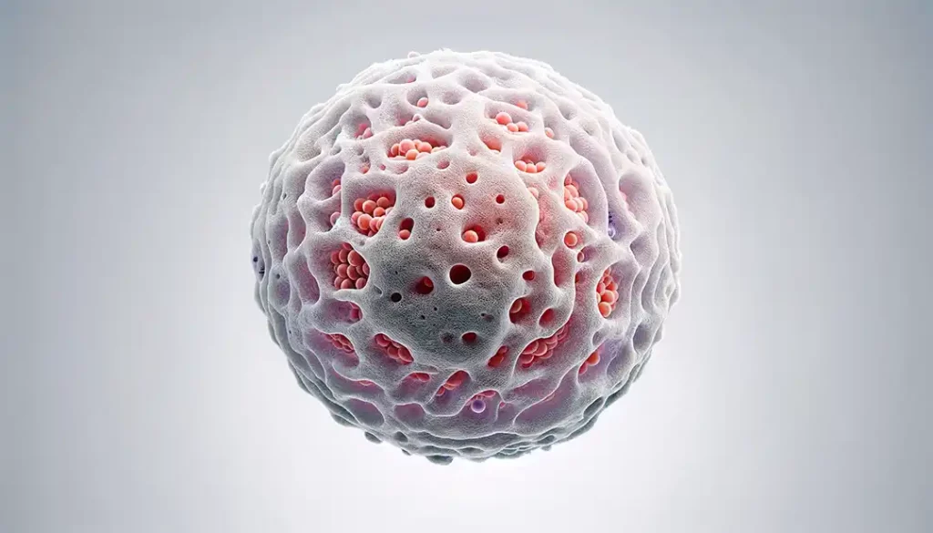 Imagen detallada de una célula humana con numerosos núcleos y una textura esponjosa en tonos de púrpura y rosa sobre un fondo gris