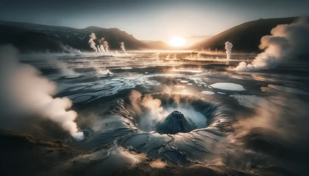Campo geotérmico con múltiples fumarolas expulsando vapor al amanecer.