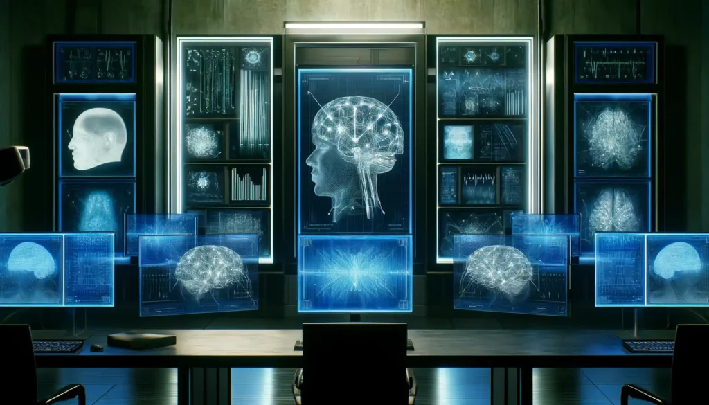 Laboratorio de investigación con pantallas holográficas mostrando escaneos cerebrales y datos neurológicos.