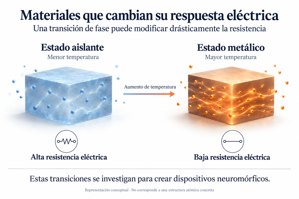 Representación conceptual de una transición aislante-metal, uno de los comportamientos investigados para desarrollar dispositivos neuromórficos. Elaboración propia a partir de la presentación de Iván Schuller.